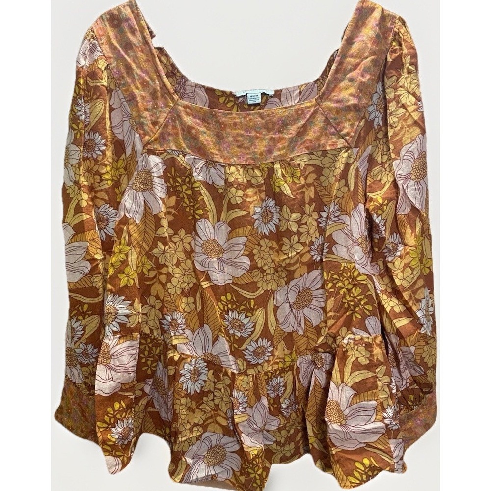 American Eagle Women Med‎ Long Sleeve Top 70s Style Flower Orange Cottage Core